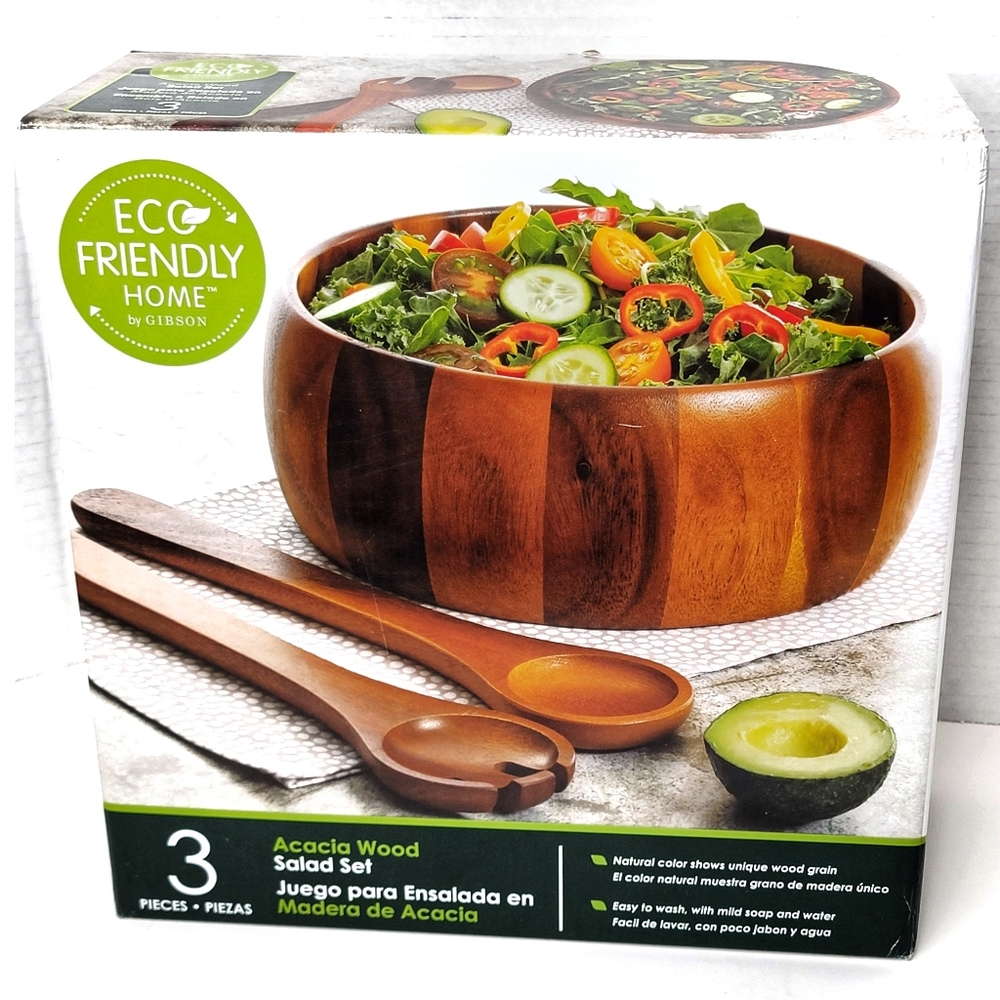 247H099 Gibson Home Laurel Acacia Wood Salad Bowl Set, 3 - Piece